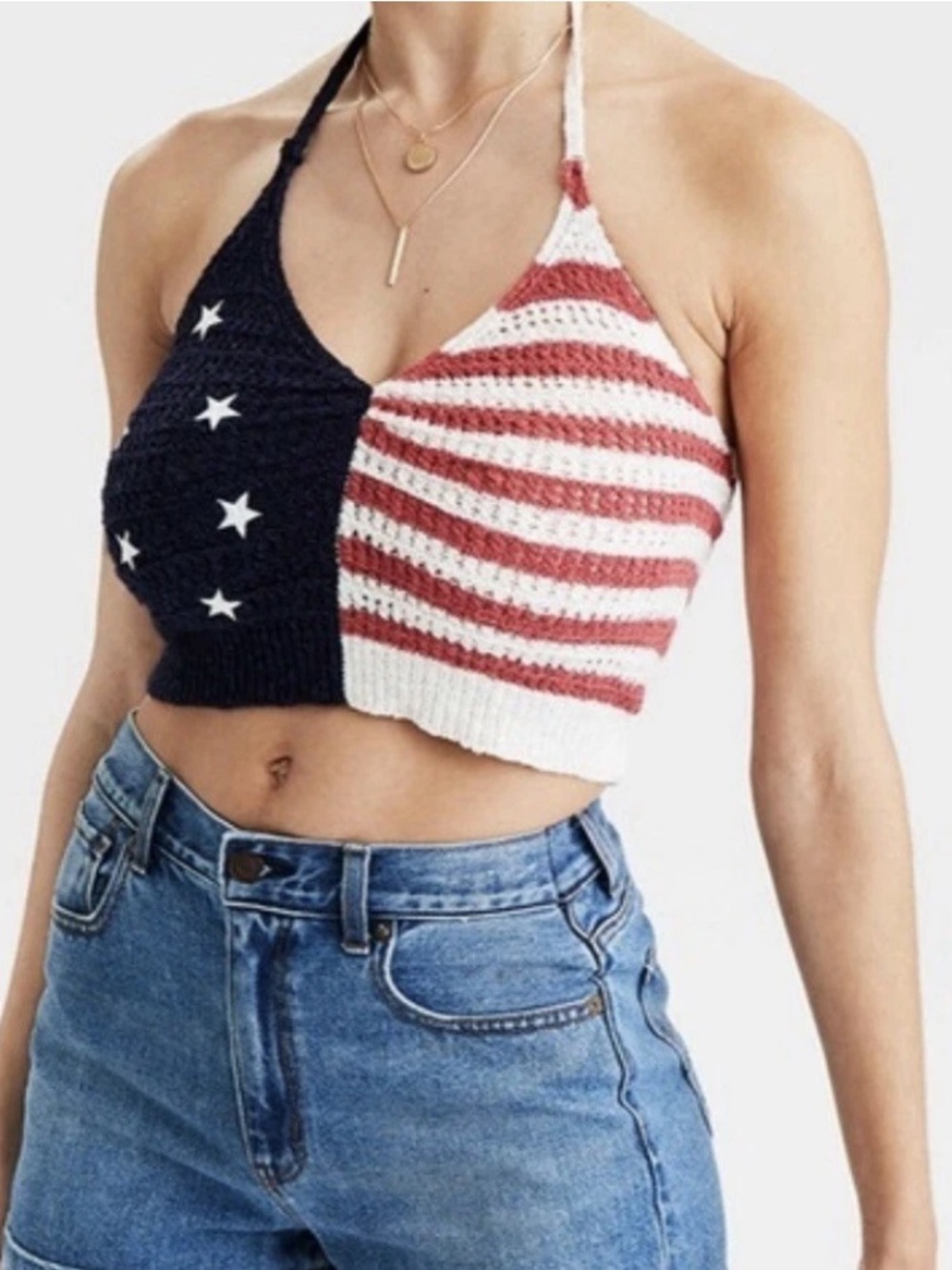 American Eagle Outiftters American Flag Crochet Cropped Halter Top Size Medium